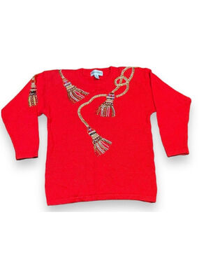 Vintage Victoria Harbour Women's Tunic Sweater Red Beaded Tassels Size Medium